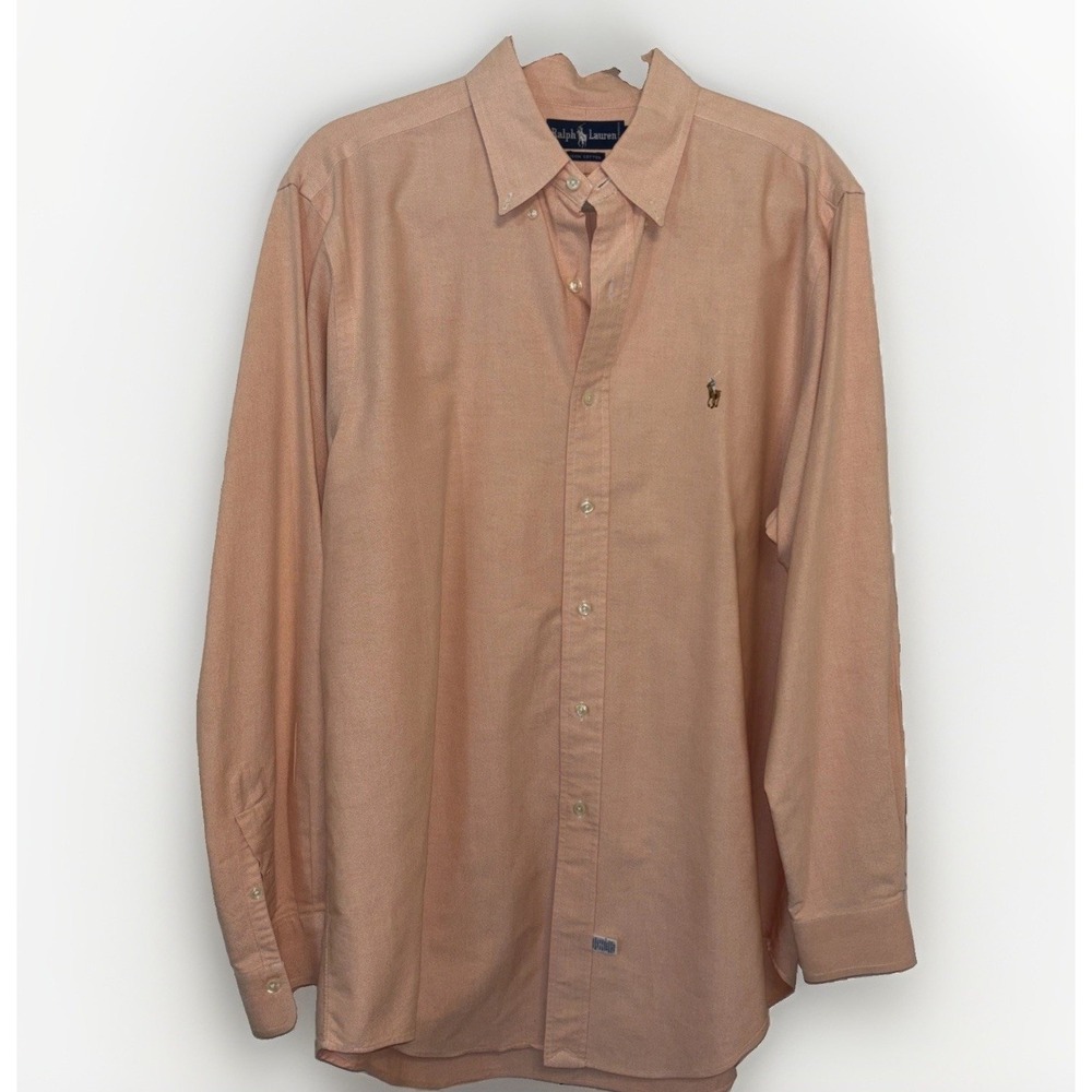 VTG Ralph Lauren Mens 17-35 LS Button Up Oxford Shirt Pony Logo Peach Pink